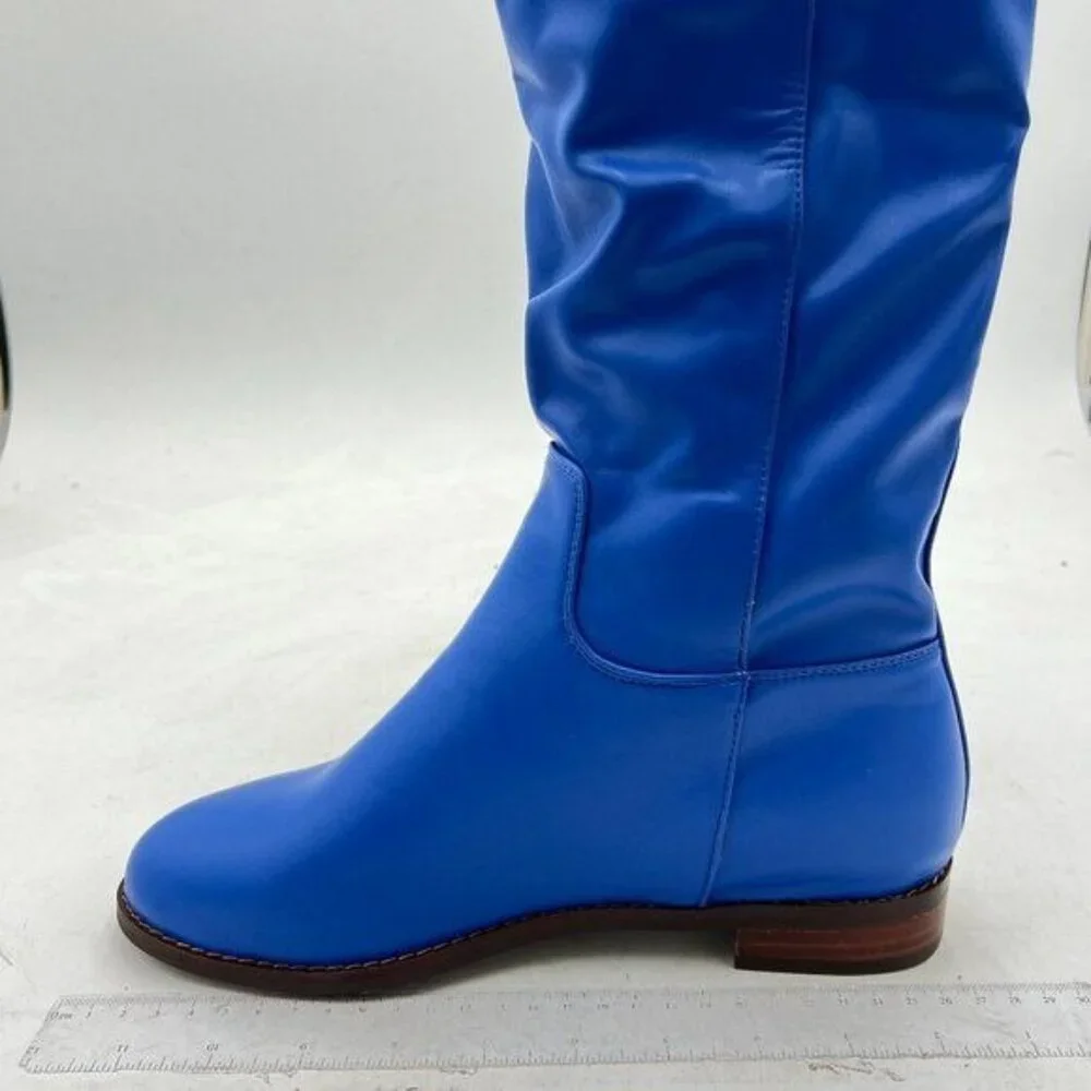 Blue Women Knee High Winter Riding Boots Pull On Round Toe Low Heel Studded Zip